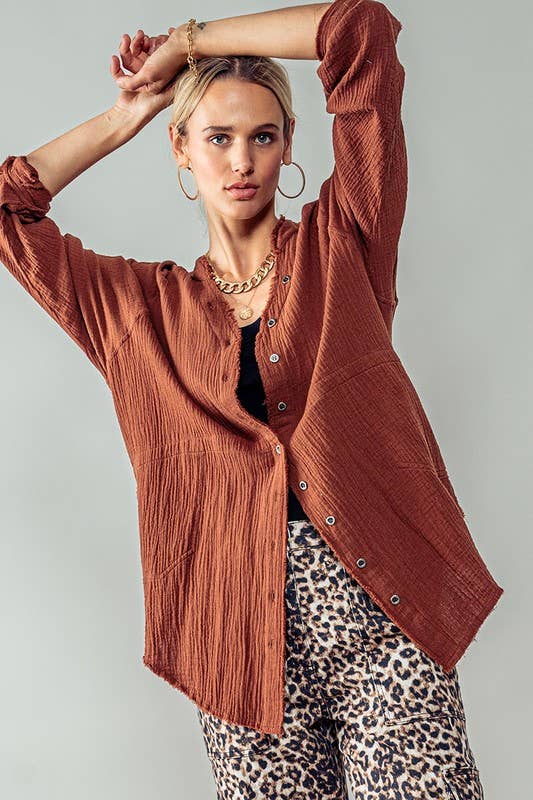 PREMIUM SOFT FRAYED HEM GAUZE WASHED SHIRT