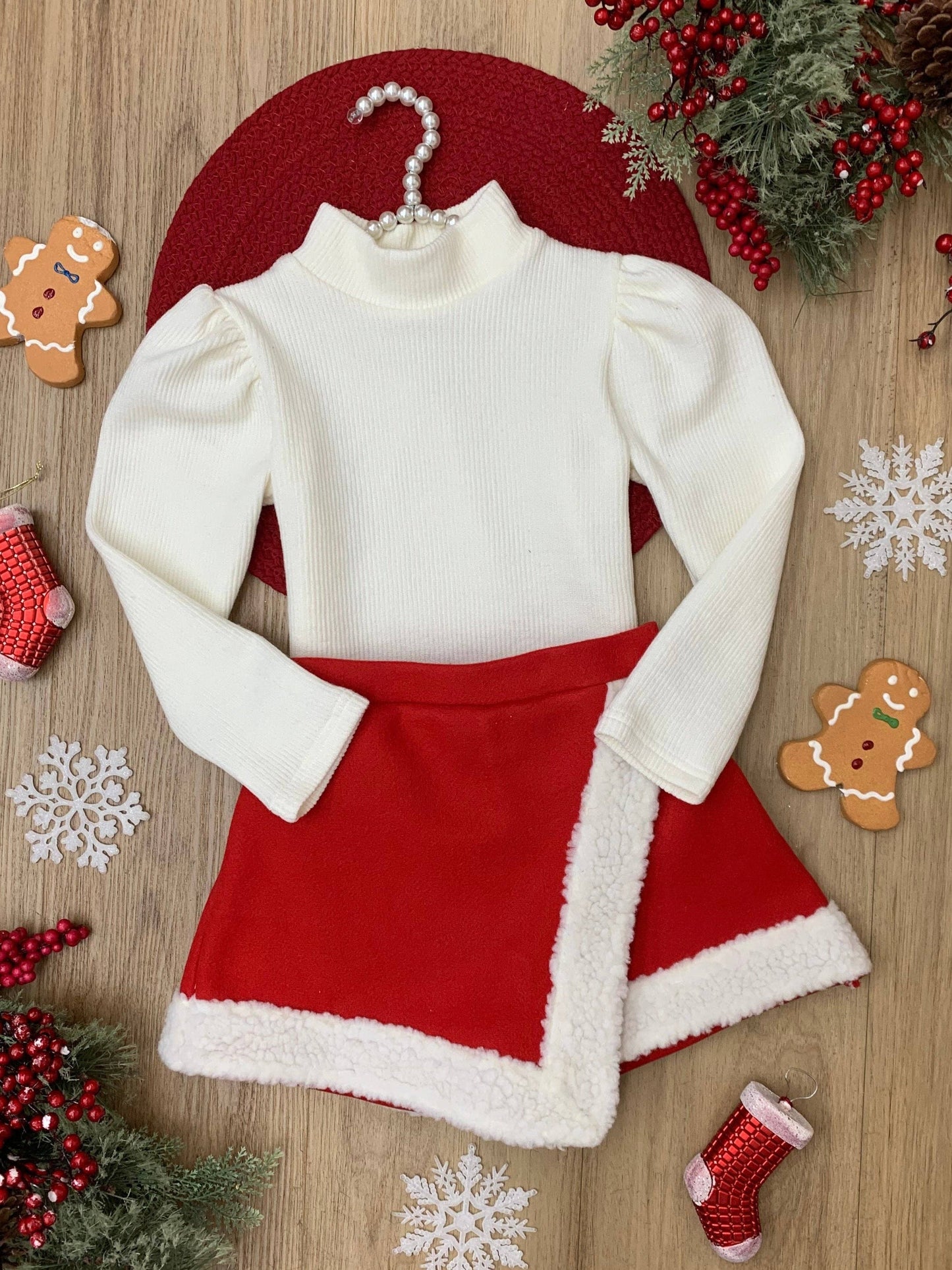 Ivory Turtleneck Top and Red Fur Trimmed Skort Set