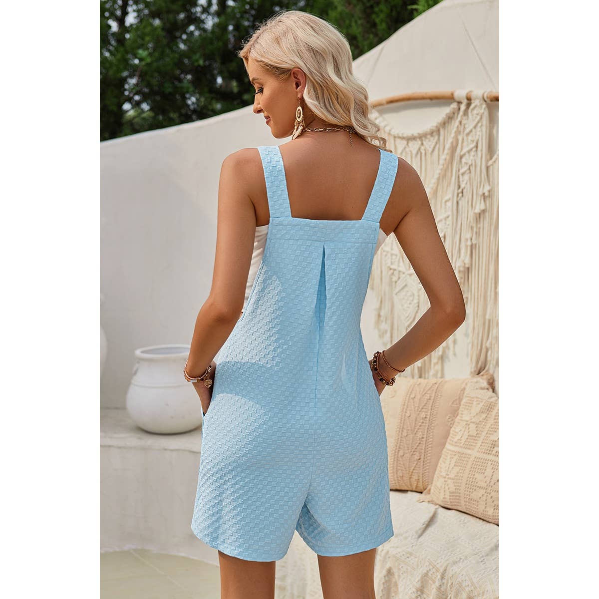 Sleeveless Square Neck Solid Pockets Loose Romper
