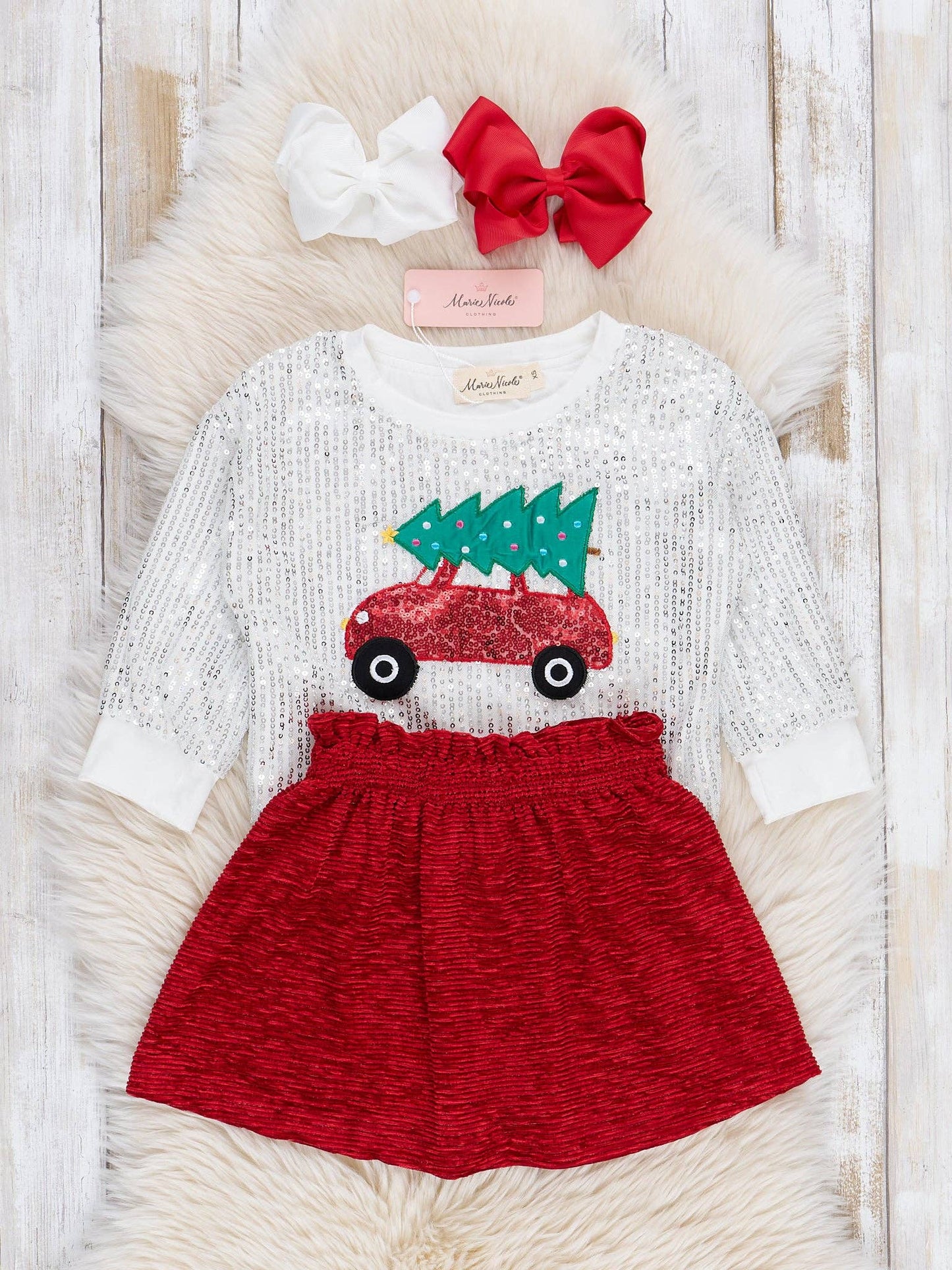 Silver Sequins & Red Velvet Christmas Outfit w/ Skirt