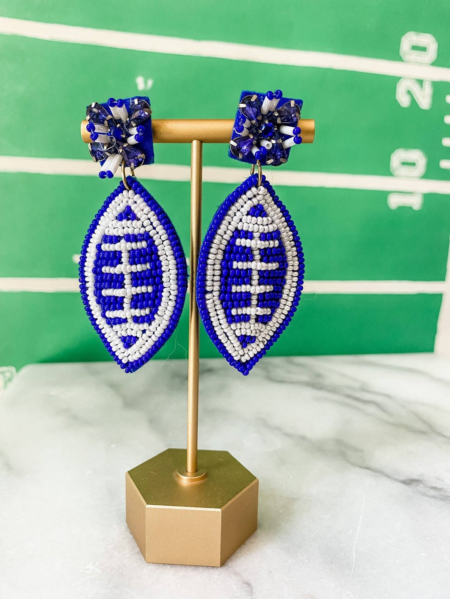 Blue and White Football Beaded Statement Earrings