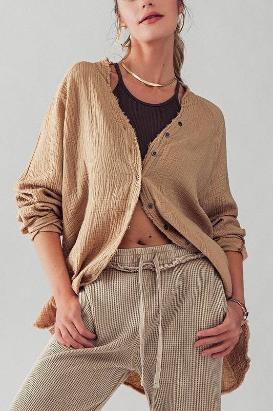 PREMIUM SOFT FRAYED HEM GAUZE WASHED SHIRT