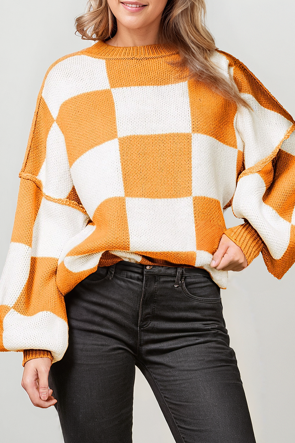 Checkered Round Neck Long Sleeve Sweater (S-XL)
