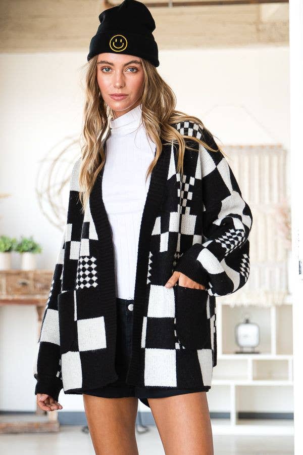 BLOCK CHECK OPEN KNIT CARDIGAN WITH POCKET (REG, PLUS)