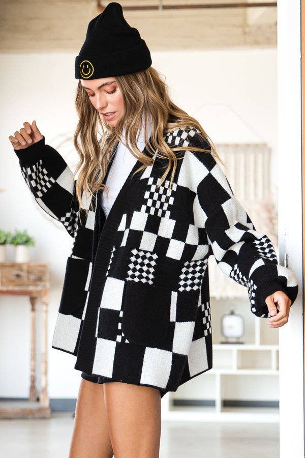 BLOCK CHECK OPEN KNIT CARDIGAN WITH POCKET (REG, PLUS)