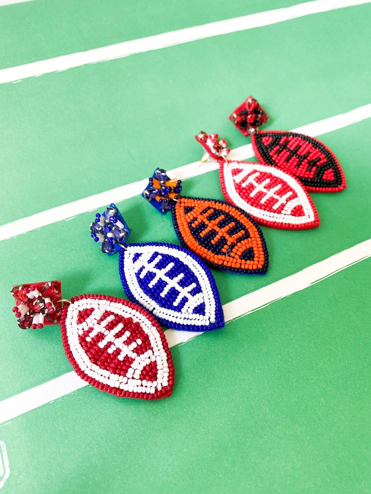Blue and White Football Beaded Statement Earrings