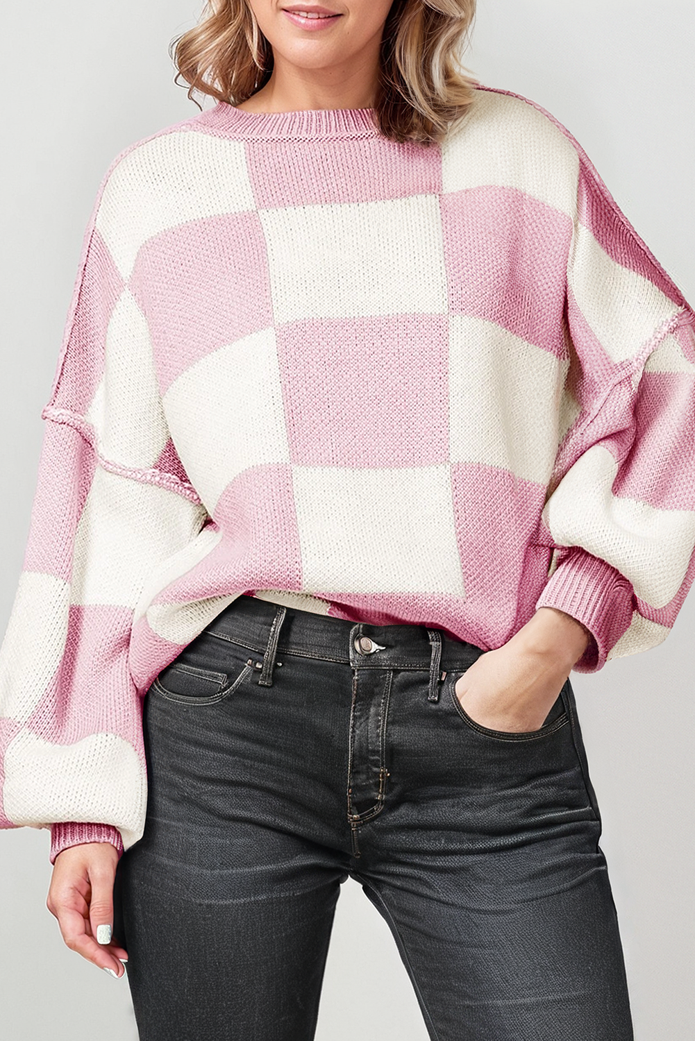 Checkered Round Neck Long Sleeve Sweater (S-XL)