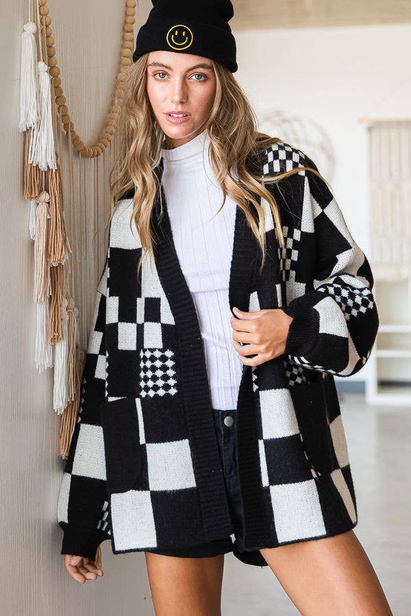 BLOCK CHECK OPEN KNIT CARDIGAN WITH POCKET (REG, PLUS)