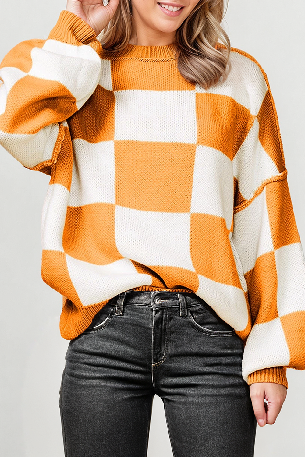 Checkered Round Neck Long Sleeve Sweater (S-XL)