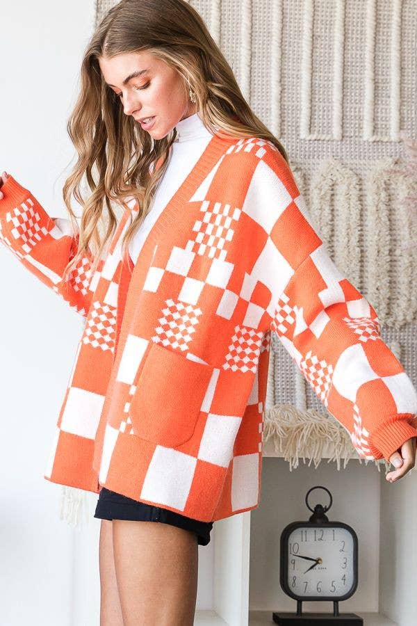 BLOCK CHECK OPEN KNIT CARDIGAN WITH POCKET (REG, PLUS)