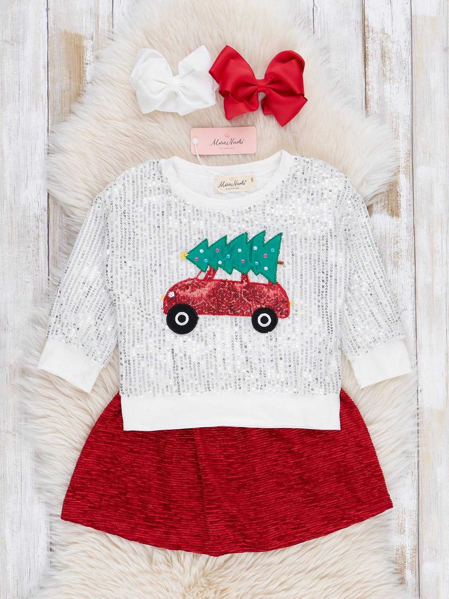 Silver Sequins & Red Velvet Christmas Outfit w/ Skirt