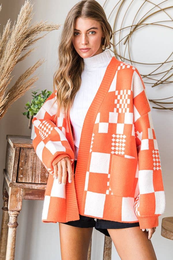 BLOCK CHECK OPEN KNIT CARDIGAN WITH POCKET (REG, PLUS)