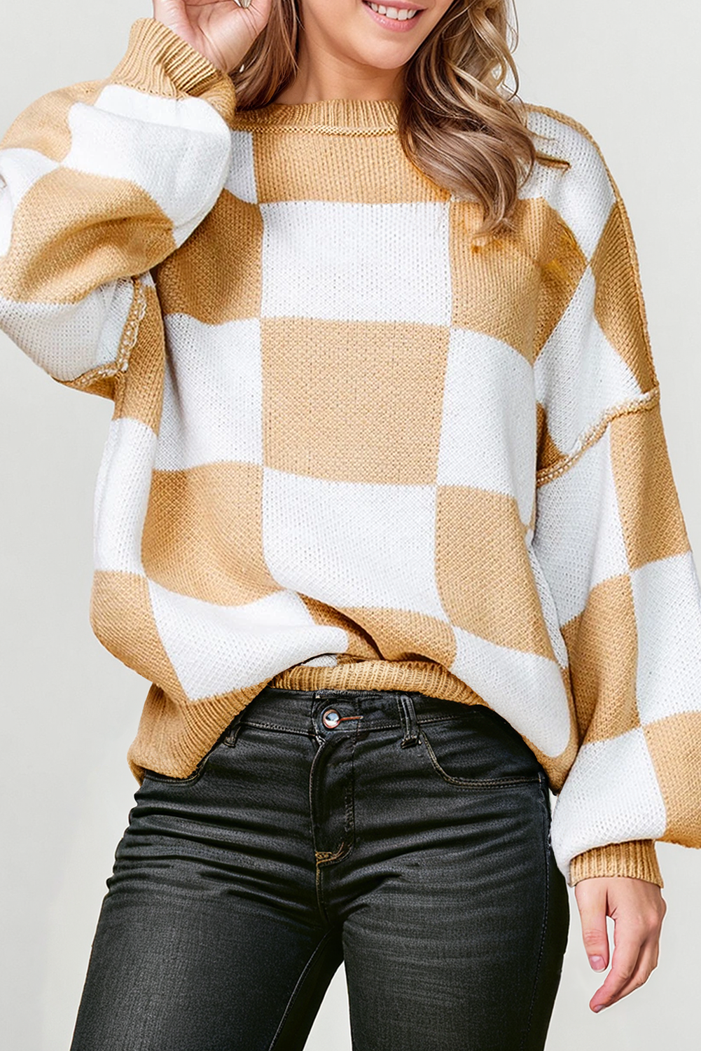 Checkered Round Neck Long Sleeve Sweater (S-XL)