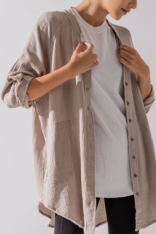PREMIUM SOFT FRAYED HEM GAUZE WASHED SHIRT