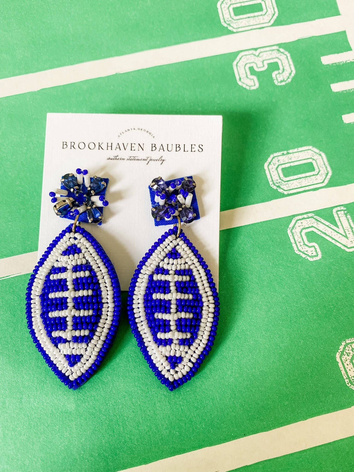 Blue and White Football Beaded Statement Earrings