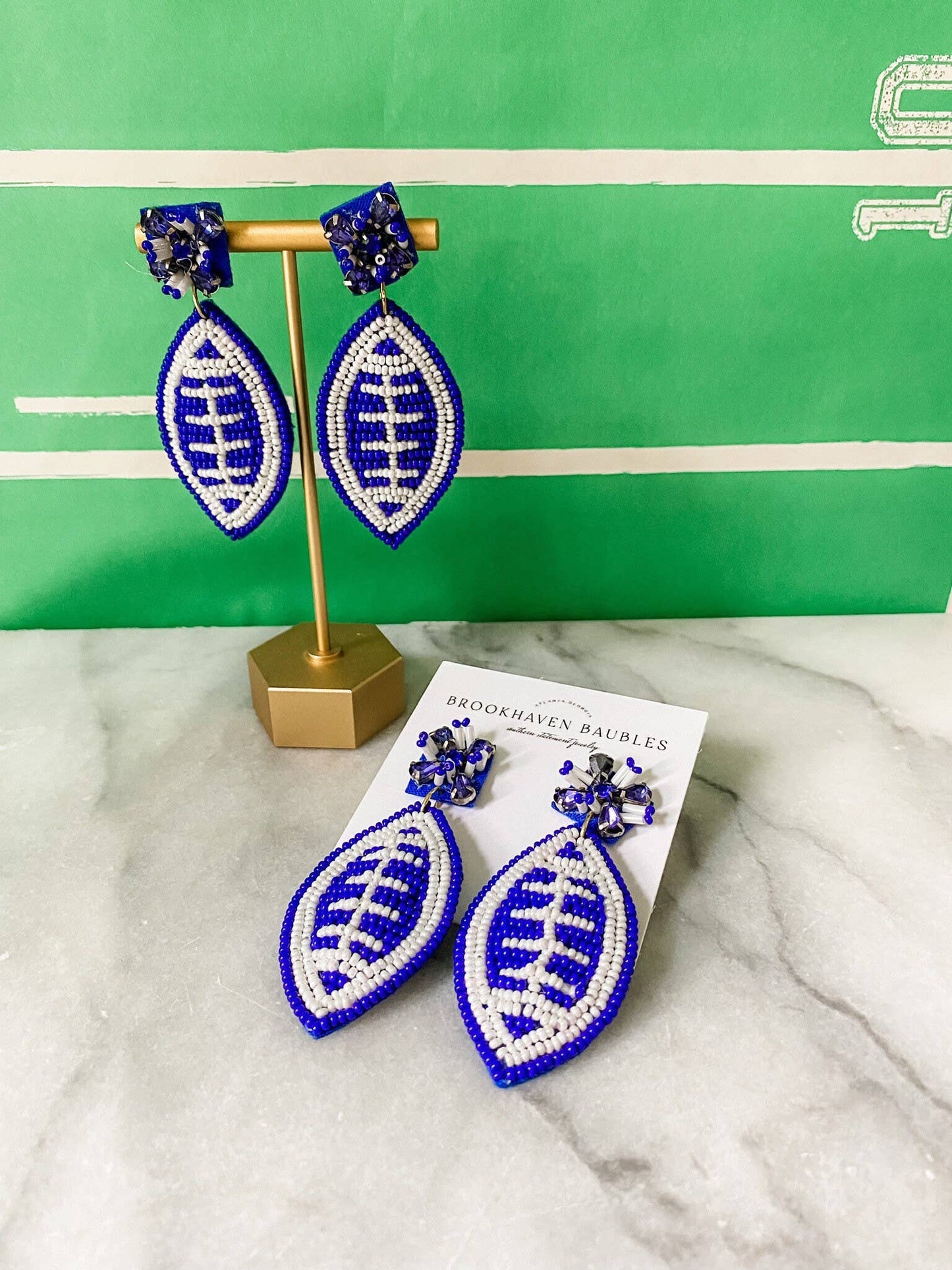Blue and White Football Beaded Statement Earrings