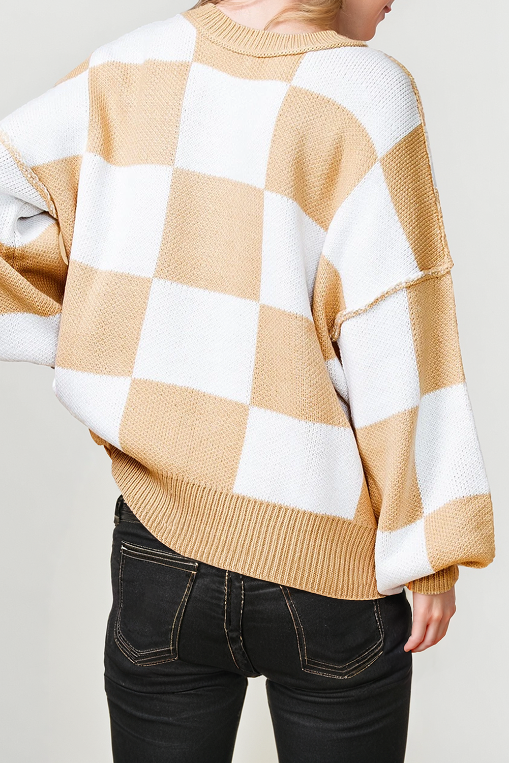 Checkered Round Neck Long Sleeve Sweater (S-XL)