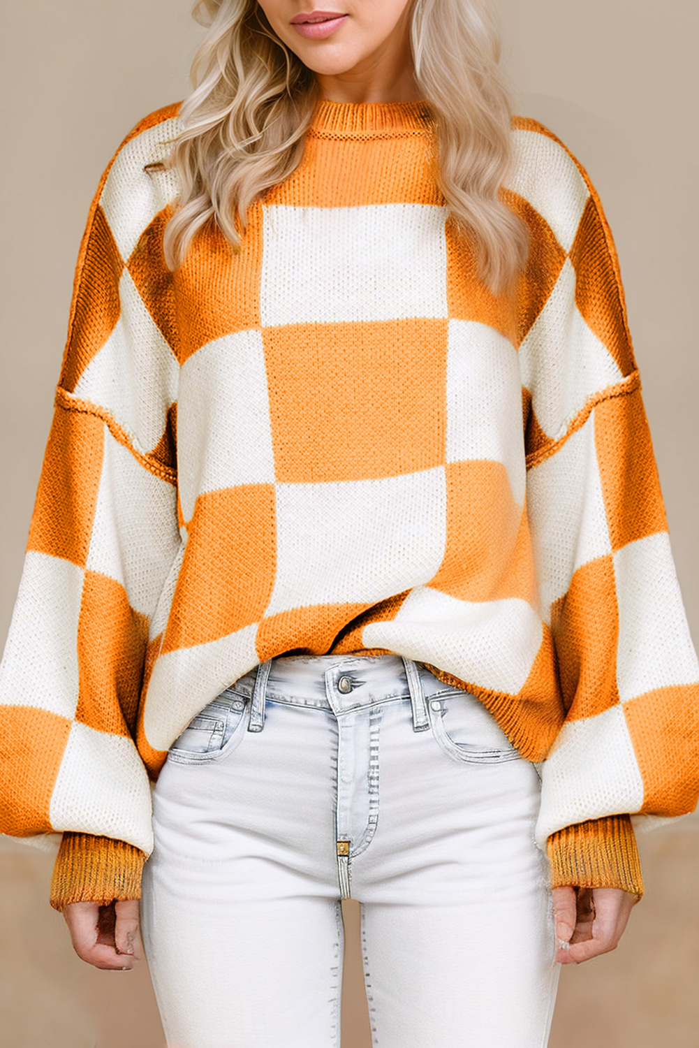 Checkered Bishop Sleeve Sweater