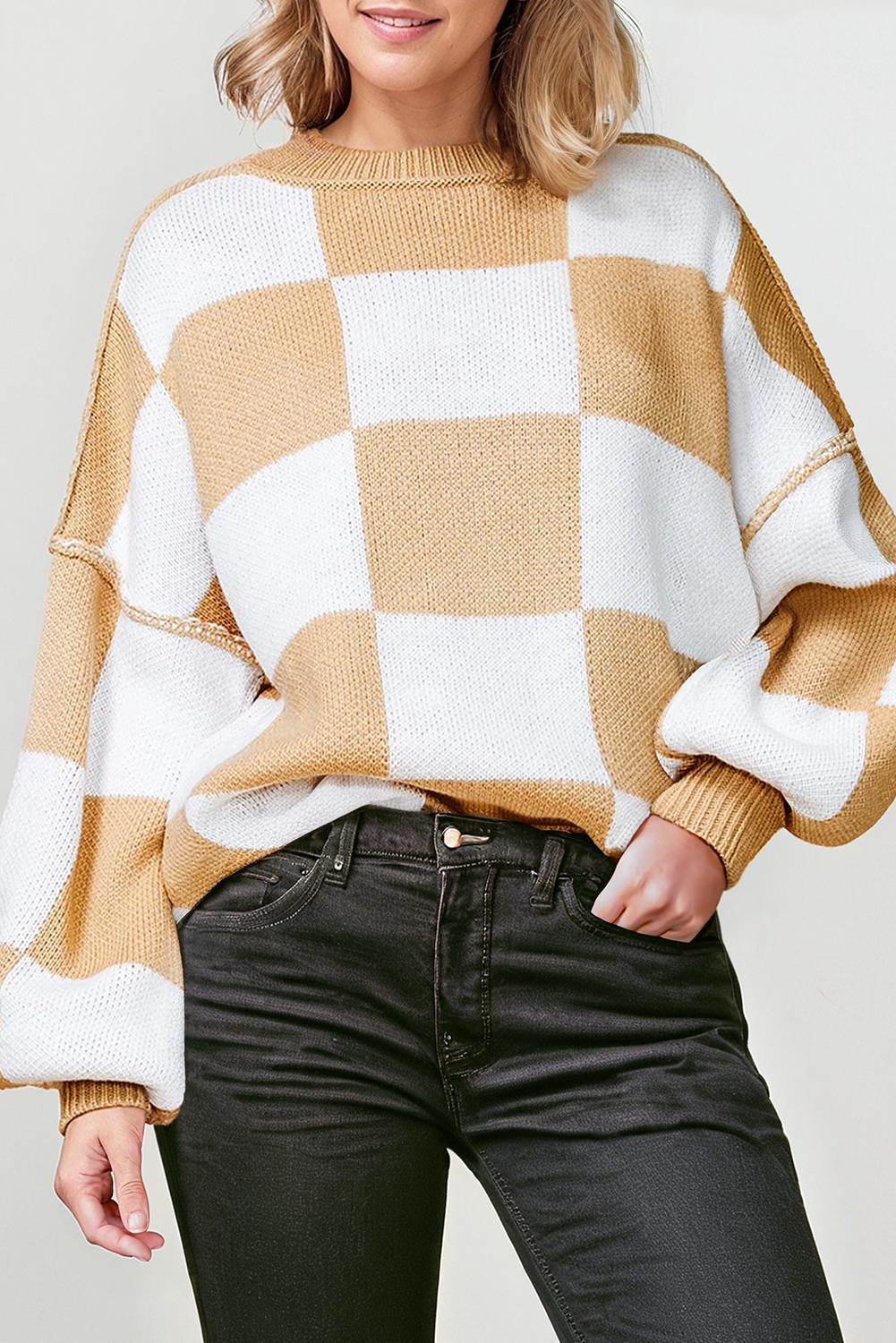 Checkered Round Neck Long Sleeve Sweater (S-XL)