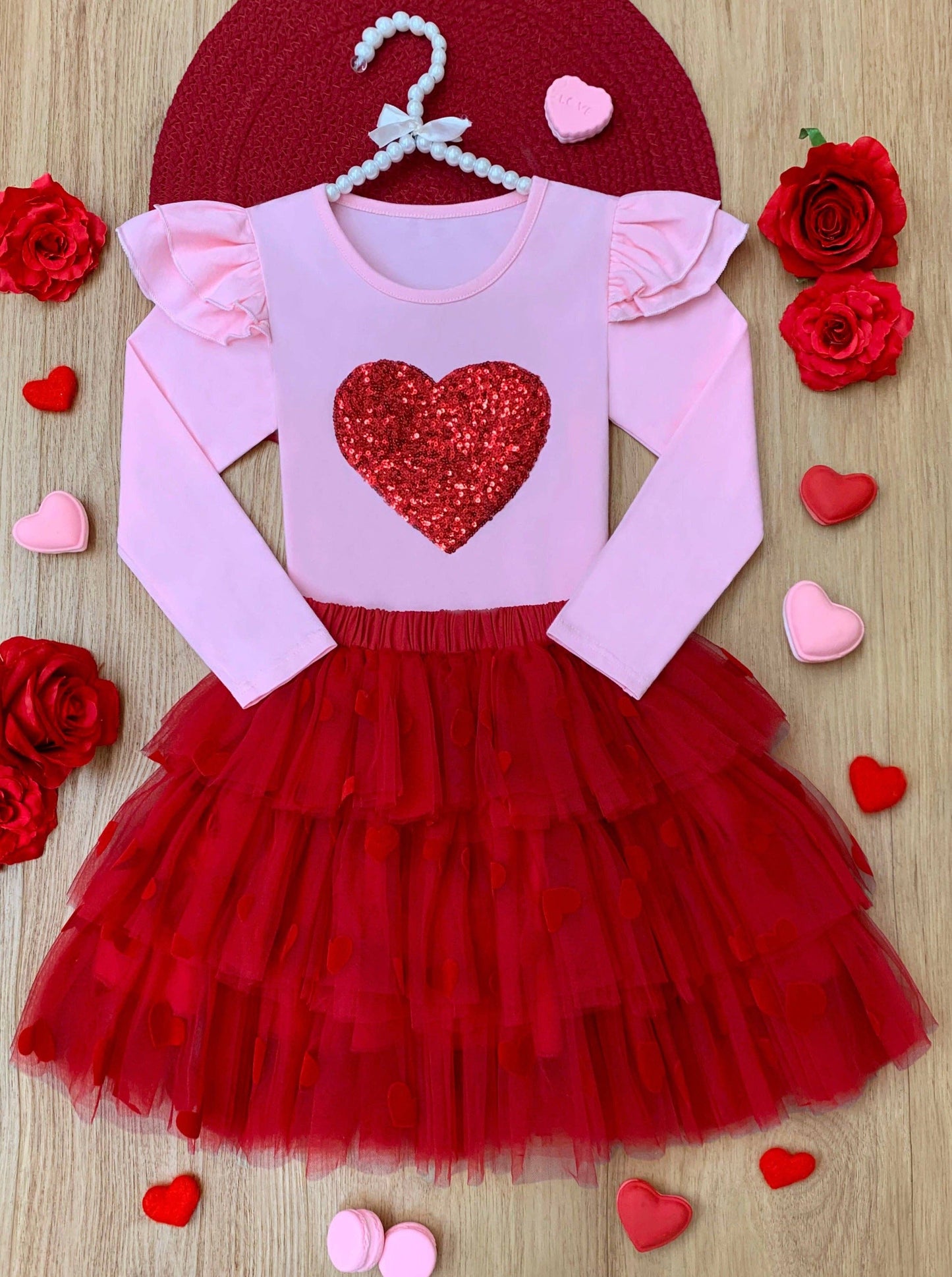 Sparkling Heart Ruffle Shoulder Top And Tiered Skirt Set