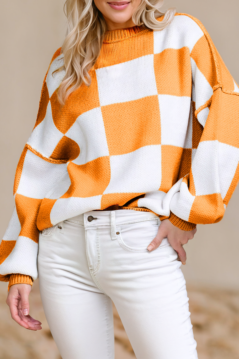 Checkered Bishop Sleeve Sweater
