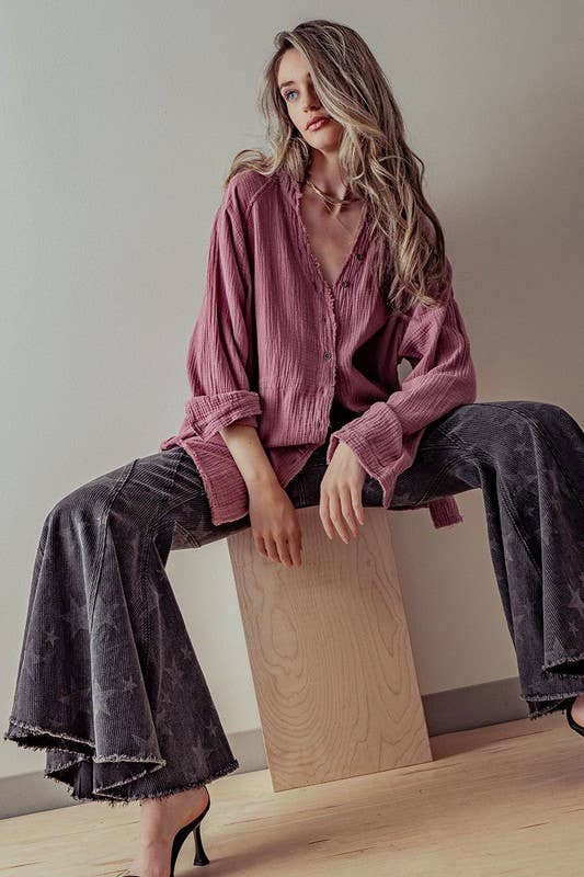PREMIUM SOFT FRAYED HEM GAUZE WASHED SHIRT