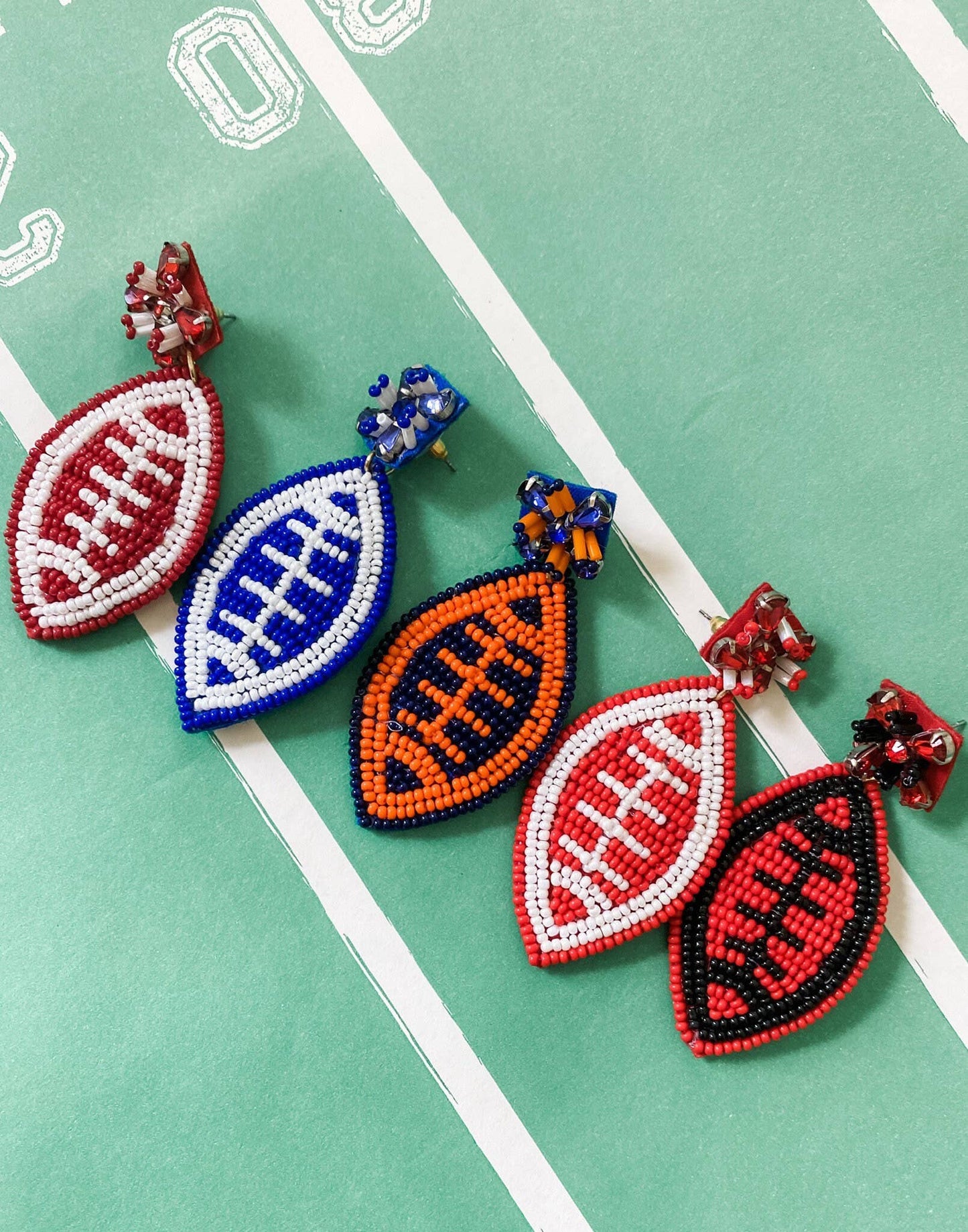 Blue and White Football Beaded Statement Earrings