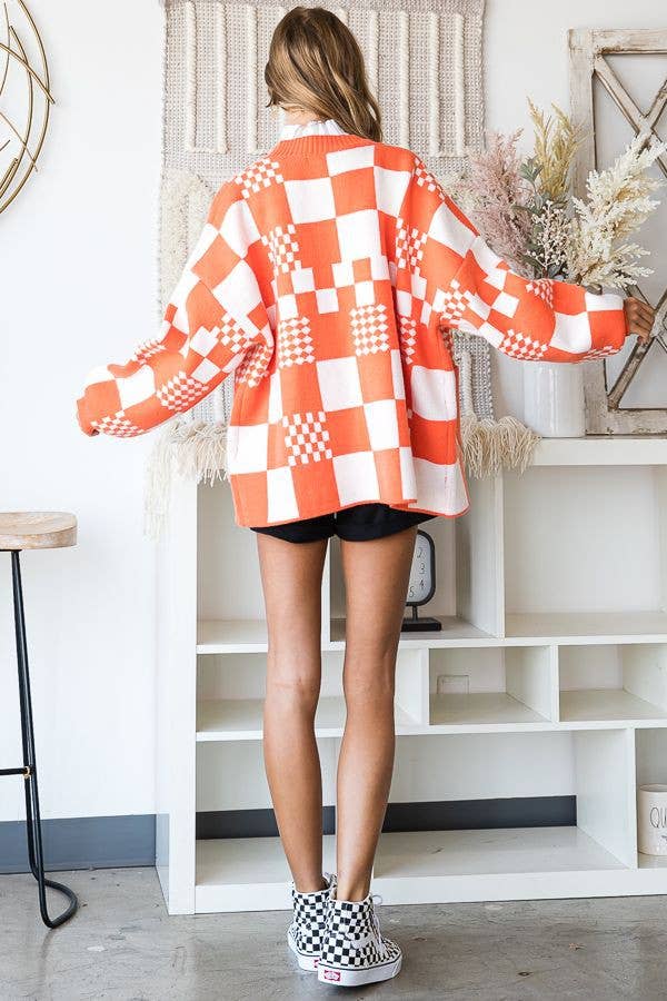 BLOCK CHECK OPEN KNIT CARDIGAN WITH POCKET (REG, PLUS)
