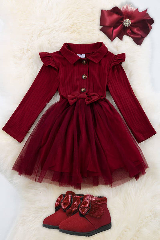 DEEP BURGUNDY COTTON TOP & TULLE SKIRT DRESS.DRG65113089 JEA
