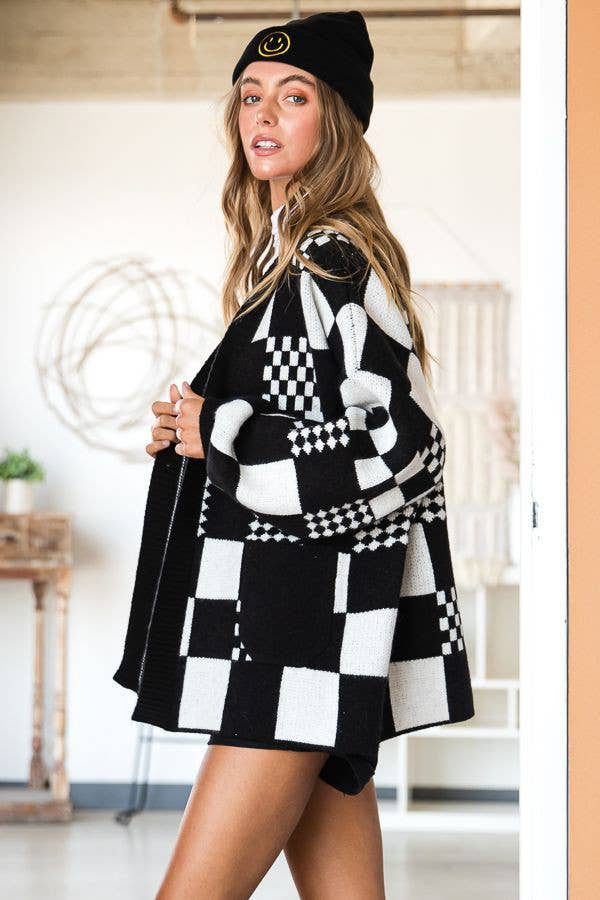 BLOCK CHECK OPEN KNIT CARDIGAN WITH POCKET (REG, PLUS)
