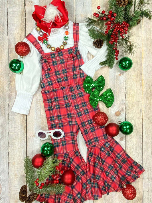 Christmas Perfection Plaid Romper & Ribbed Shirt Set - RED