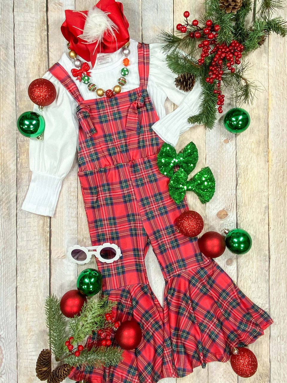 Christmas Perfection Plaid Romper & Ribbed Shirt Set - RED