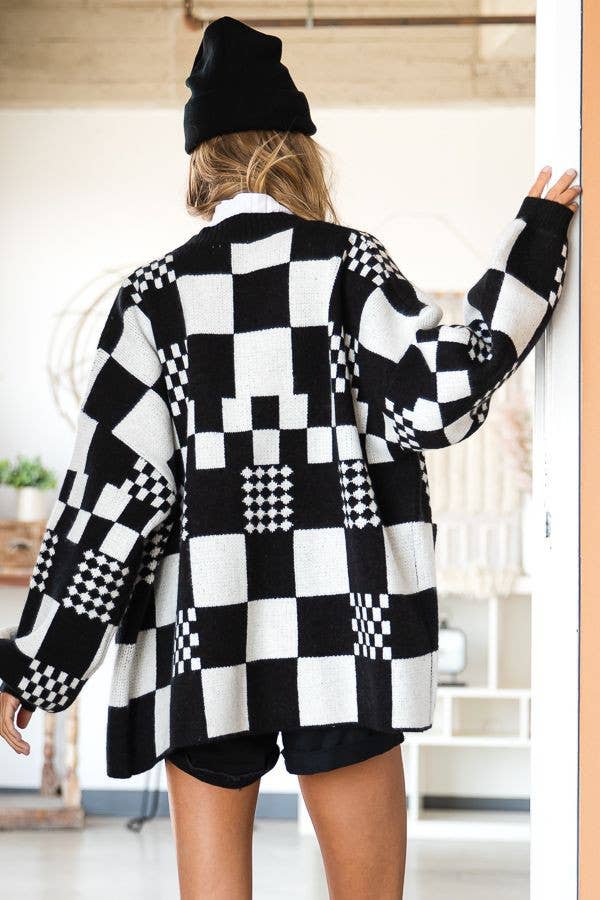 BLOCK CHECK OPEN KNIT CARDIGAN WITH POCKET (REG, PLUS)